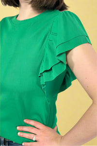 Ribbed Flounce Sleeve Blouse Green