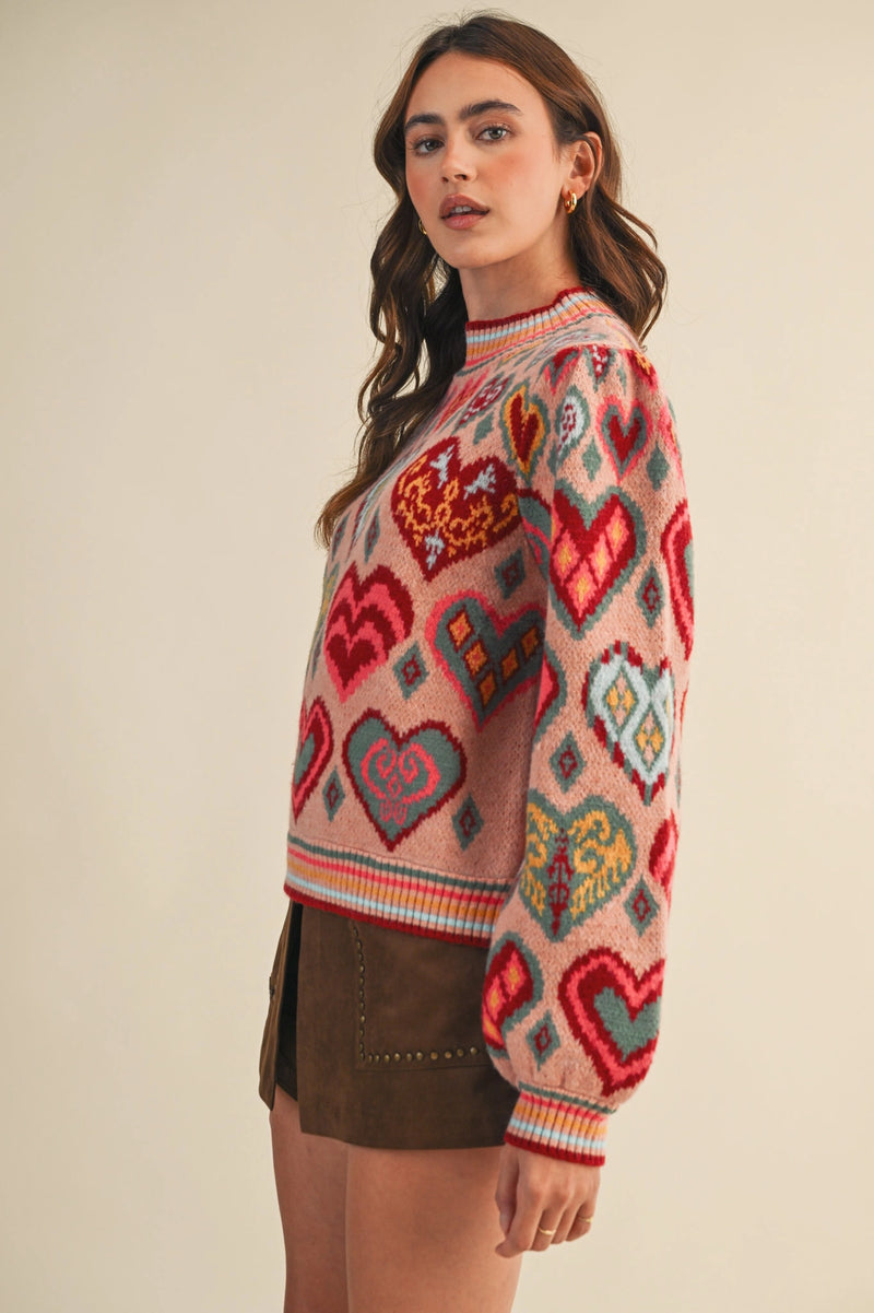 Heart Pattern Pullover Sweater - Pink
