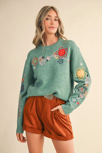 Floral Embroidery Sweater - Green