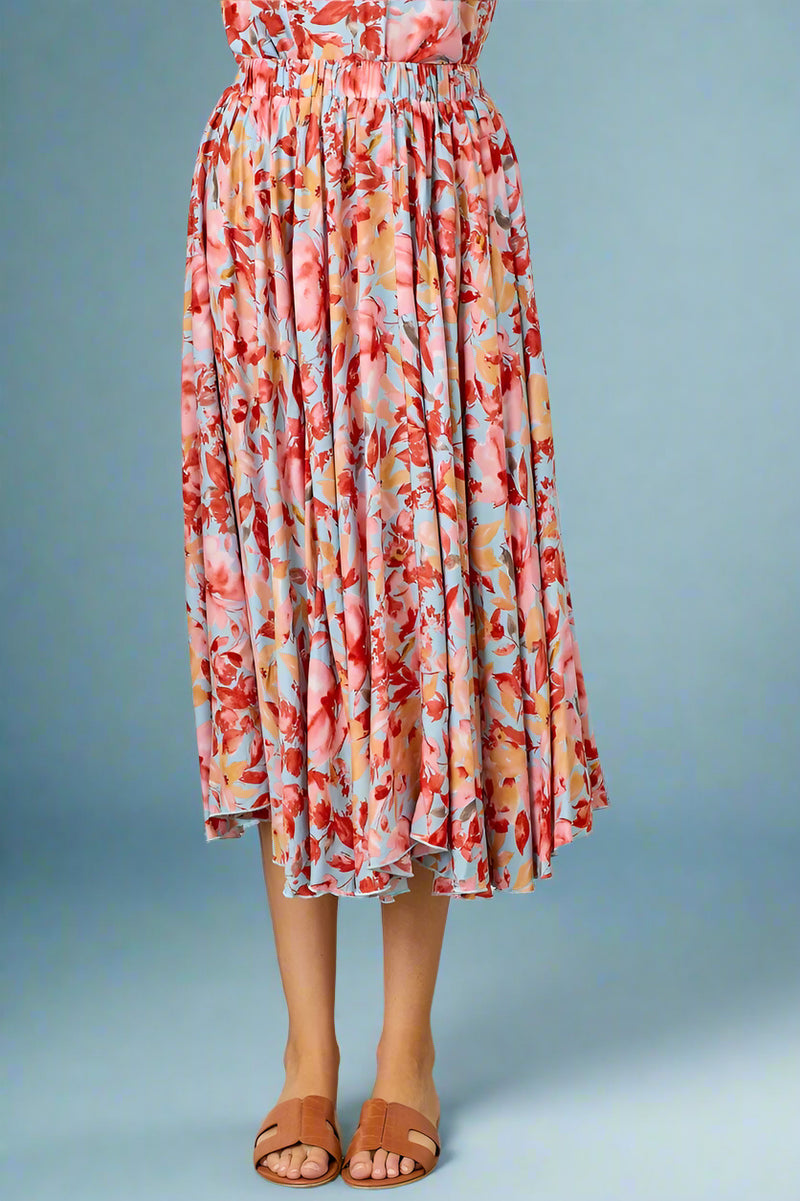 Floral Print Midi Skirt - Sky Blue