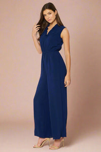 Ruffled V Neck Jumpsuit With Elastic Waistband - Navy