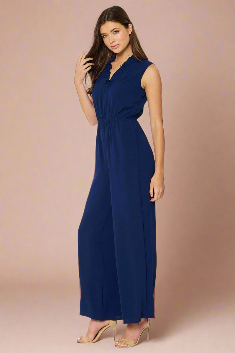 Ruffled V Neck Jumpsuit With Elastic Waistband - Navy