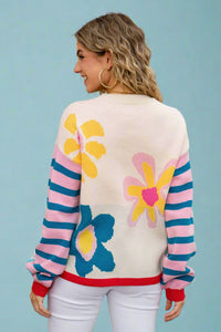 Multicolor Floral Striped Knit Sweater - Blue