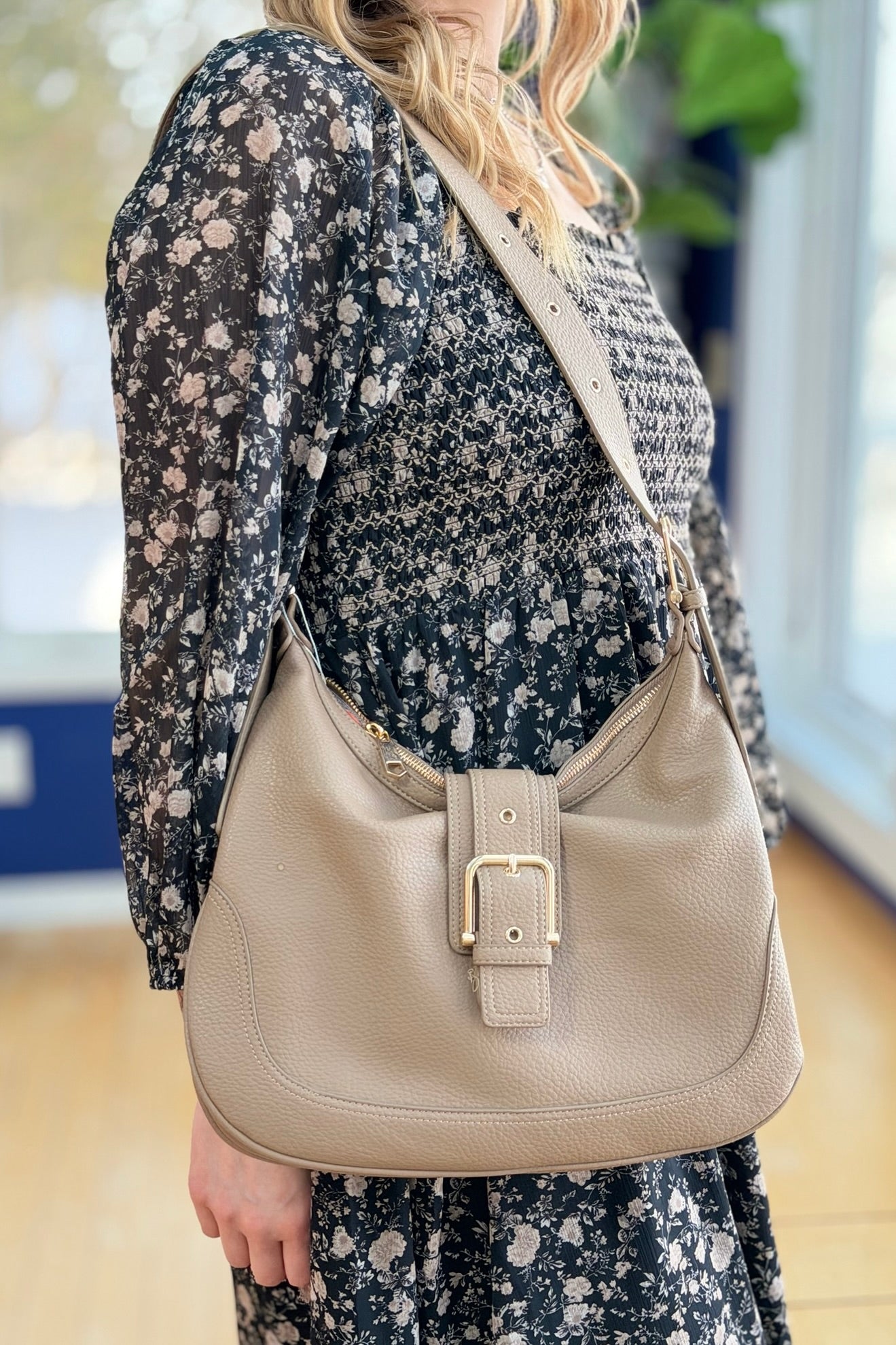 Marissa Buckle Shoulder Hobo Bag - Stone