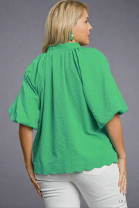 Bubble Sleeve Scalloped Top - Green