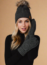 Dark Gray Cable Knit Pom Hat