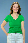 A women’s basic short sleeve v-neck cotton tee in Kelly green.
