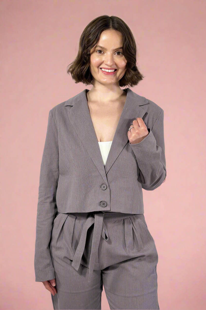 Cropped Pinstripe Blazer - Charcoal