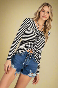 Ruched Long Sleeve Top with Halter Strap Black