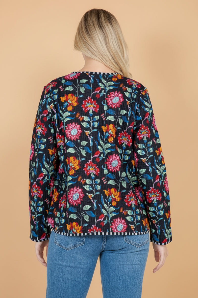 Floral Print Quilted Cotton Jacket - Black