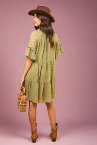 Floral Print V-Neck Mini Dress - Green