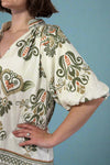 Bubble Sleeve Border Printed Top - Olive