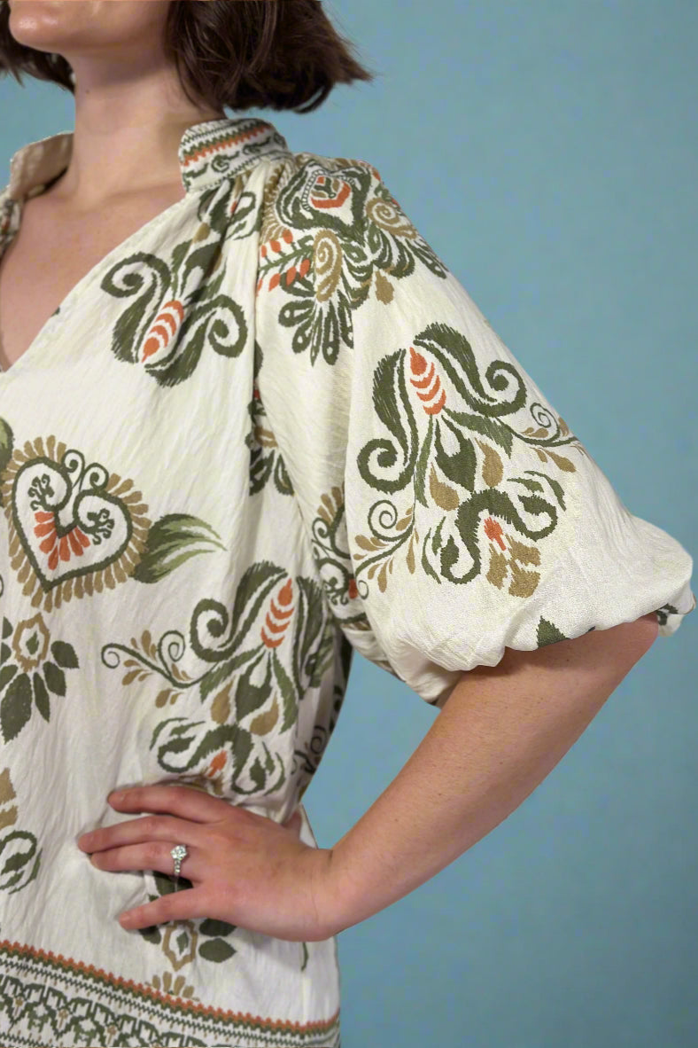 Bubble Sleeve Border Printed Top - Olive