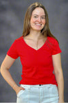 A women’s basic short sleeve v-neck cotton tee in red.