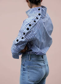 Button-Up High Neck Pullover Shirt - Blue
