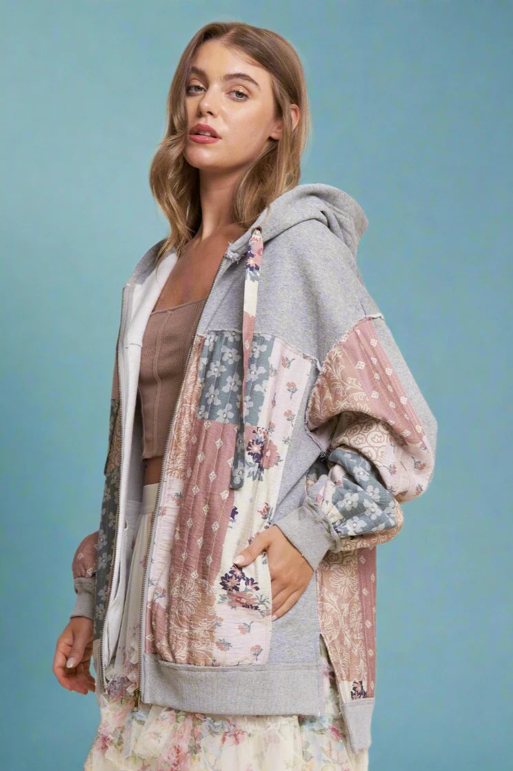 Multi Pattern Patchwork Zipper Hoodie