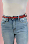 Faux Leather Skinny Braided Belt - Red