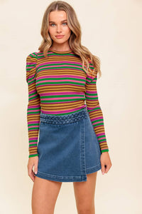 Ribbed Puff Sleeve Striped Top - Pink