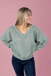Loose Fit V-Neck Waffle Top - Sage