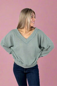 Loose Fit V-Neck Waffle Top - Sage