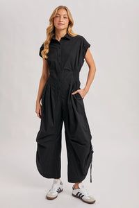 Button Down Utility Shirting Jumpsuit - Black