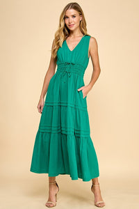 V Neck Elastic Waist Dress - Green