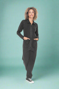 Mineral Wash Cotton Blend Jumpsuit Black