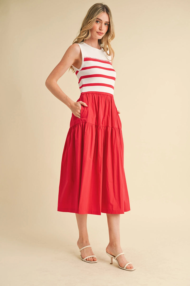 Mixed Media Striped Midi Dress - Red