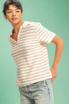 Striped Polo Neck Short Sleeve Top - Taupe