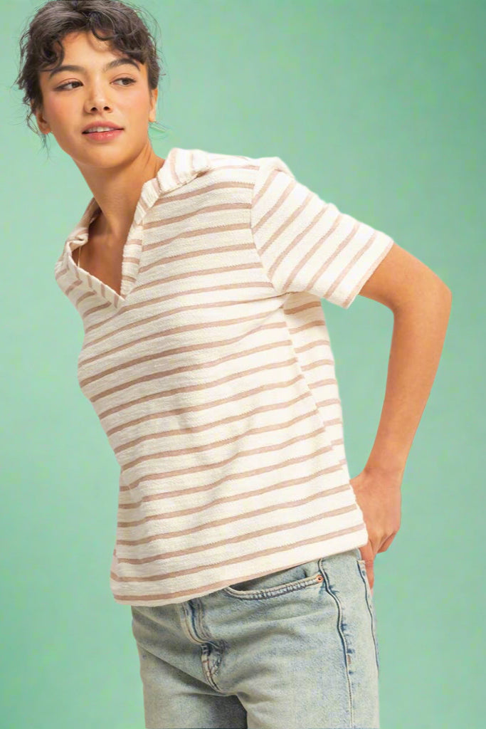 Striped Polo Neck Short Sleeve Top - Taupe