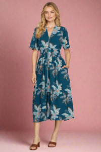 Floral Zip Front Midi Dress - Blue