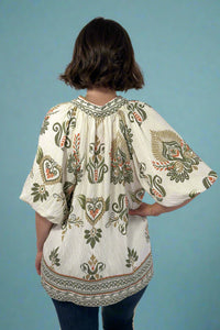 Bubble Sleeve Border Printed Top - Olive