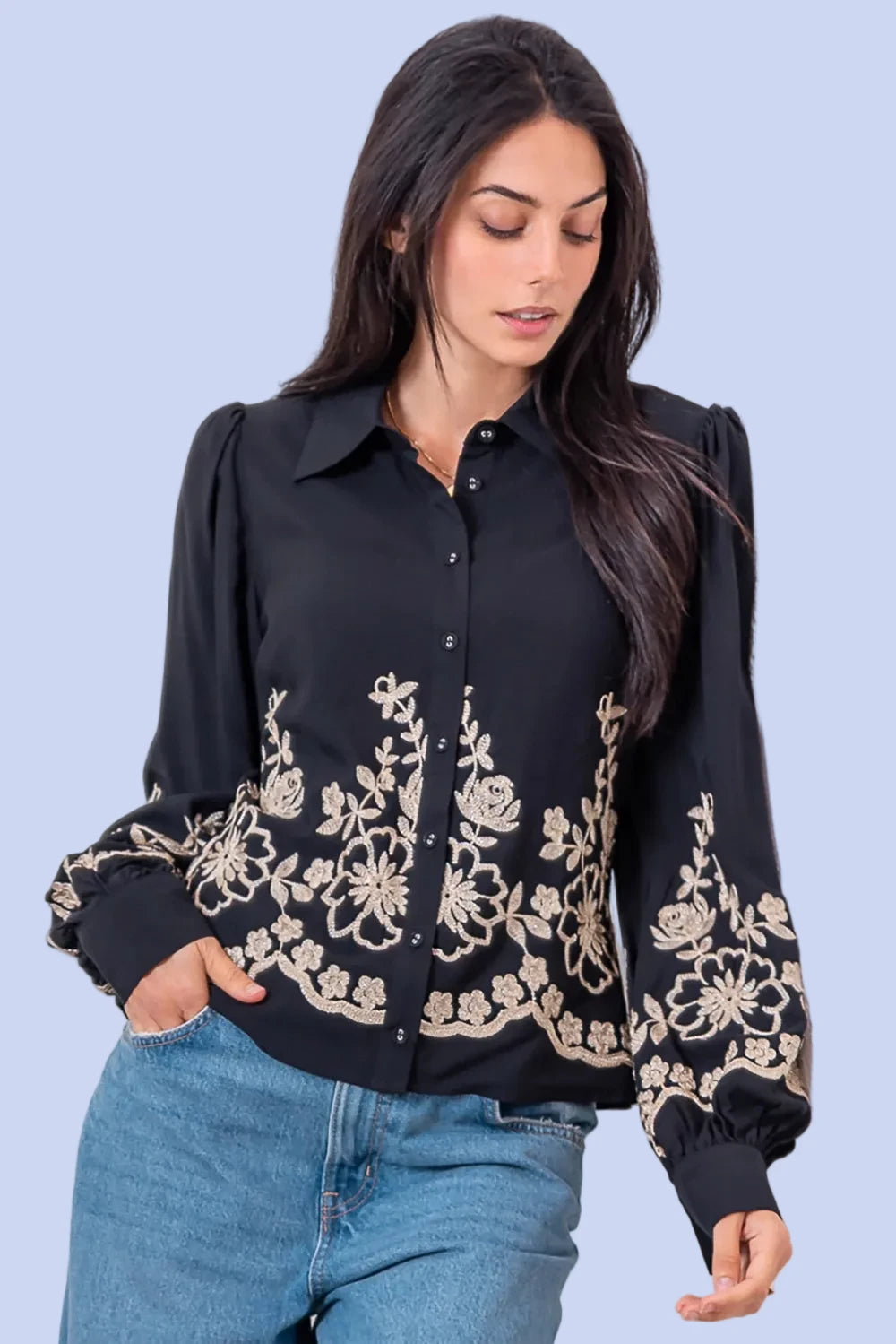Flower Embroidered Shirt - Black
