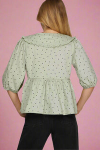 Polka Dot Print Collar Top - Slate