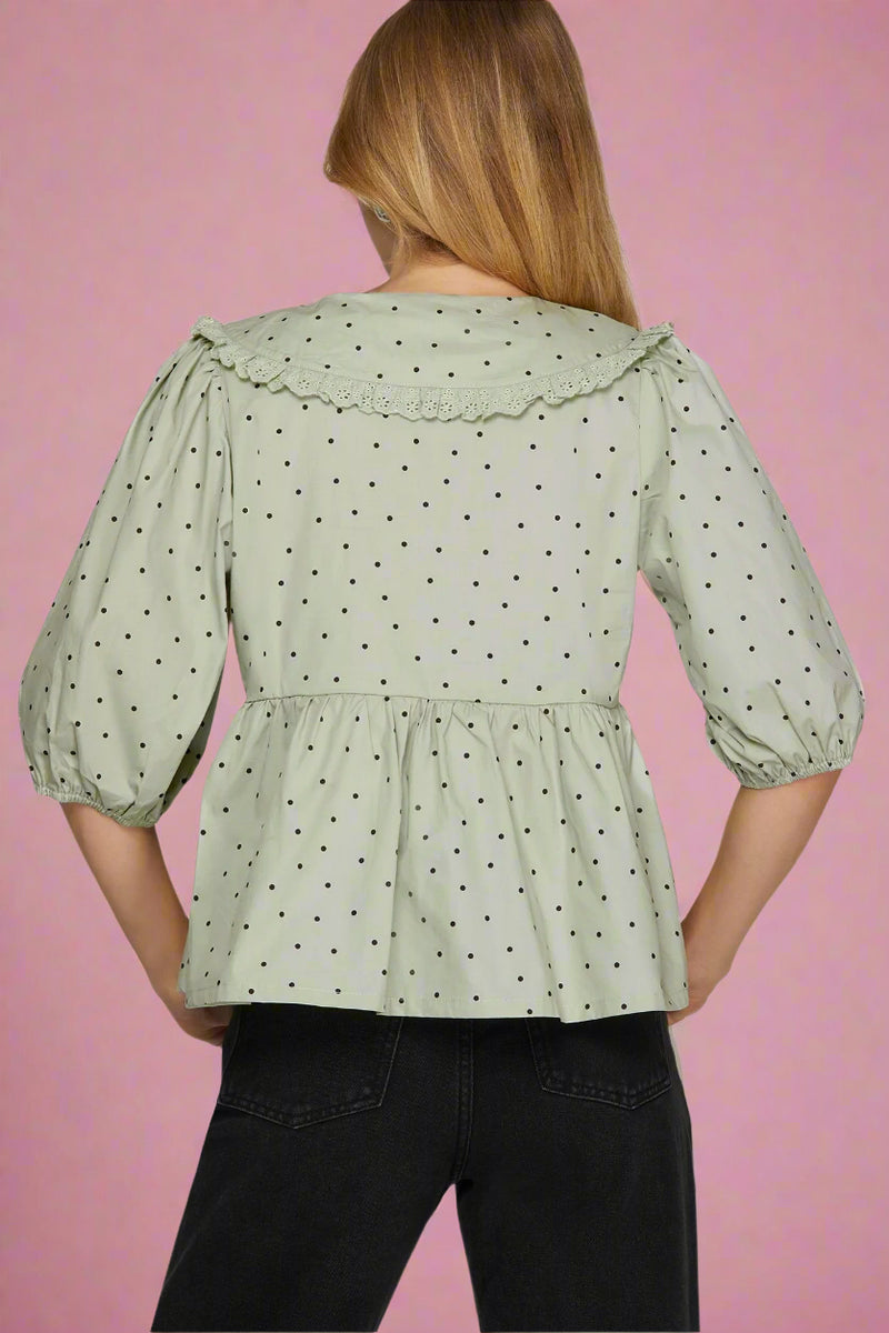 Polka Dot Print Collar Top - Slate