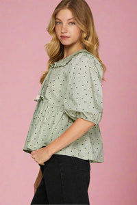 Polka Dot Print Collar Top - Slate