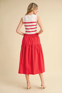 Mixed Media Striped Midi Dress - Red
