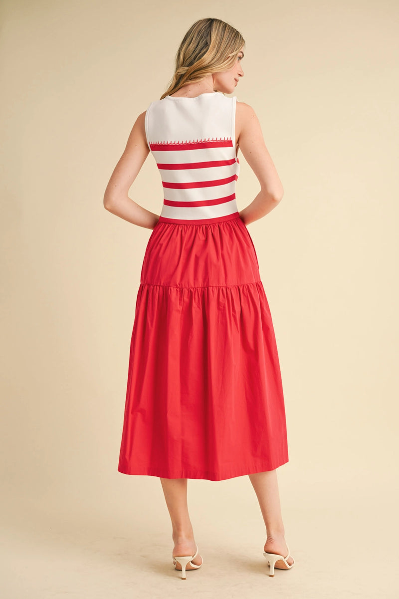 Mixed Media Striped Midi Dress - Red