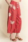Striped Barrel Embroidered Pants - Red