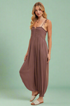 Smocked Button Front Jumpsuit - Mocha