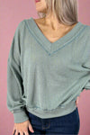 Loose Fit V-Neck Waffle Top - Sage