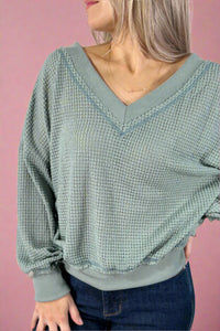 Loose Fit V-Neck Waffle Top - Sage