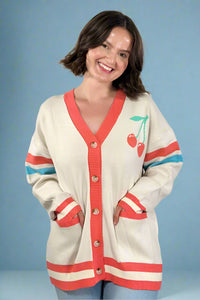Oversized Cherry Varsity Cardigan - Cream