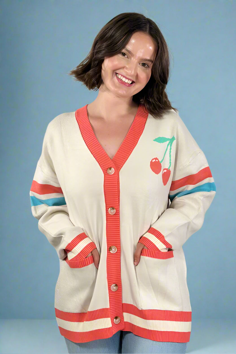 Oversized Cherry Varsity Cardigan - Cream