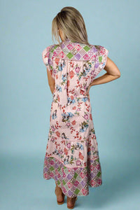 Mixed Print Midi Dress - Pink