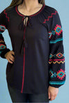 Balloon Sleeve Embroidered Top - Black