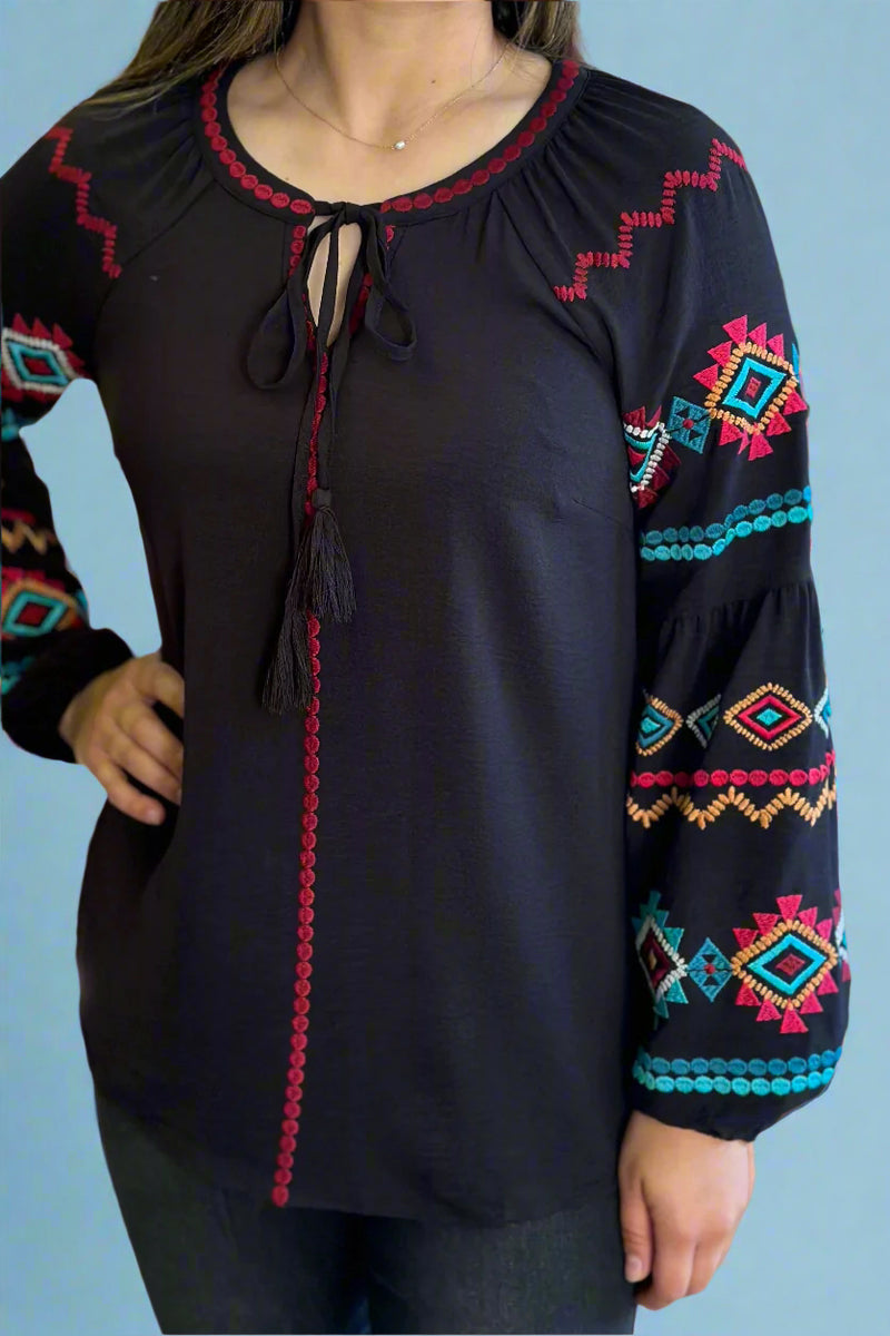 Balloon Sleeve Embroidered Top - Black