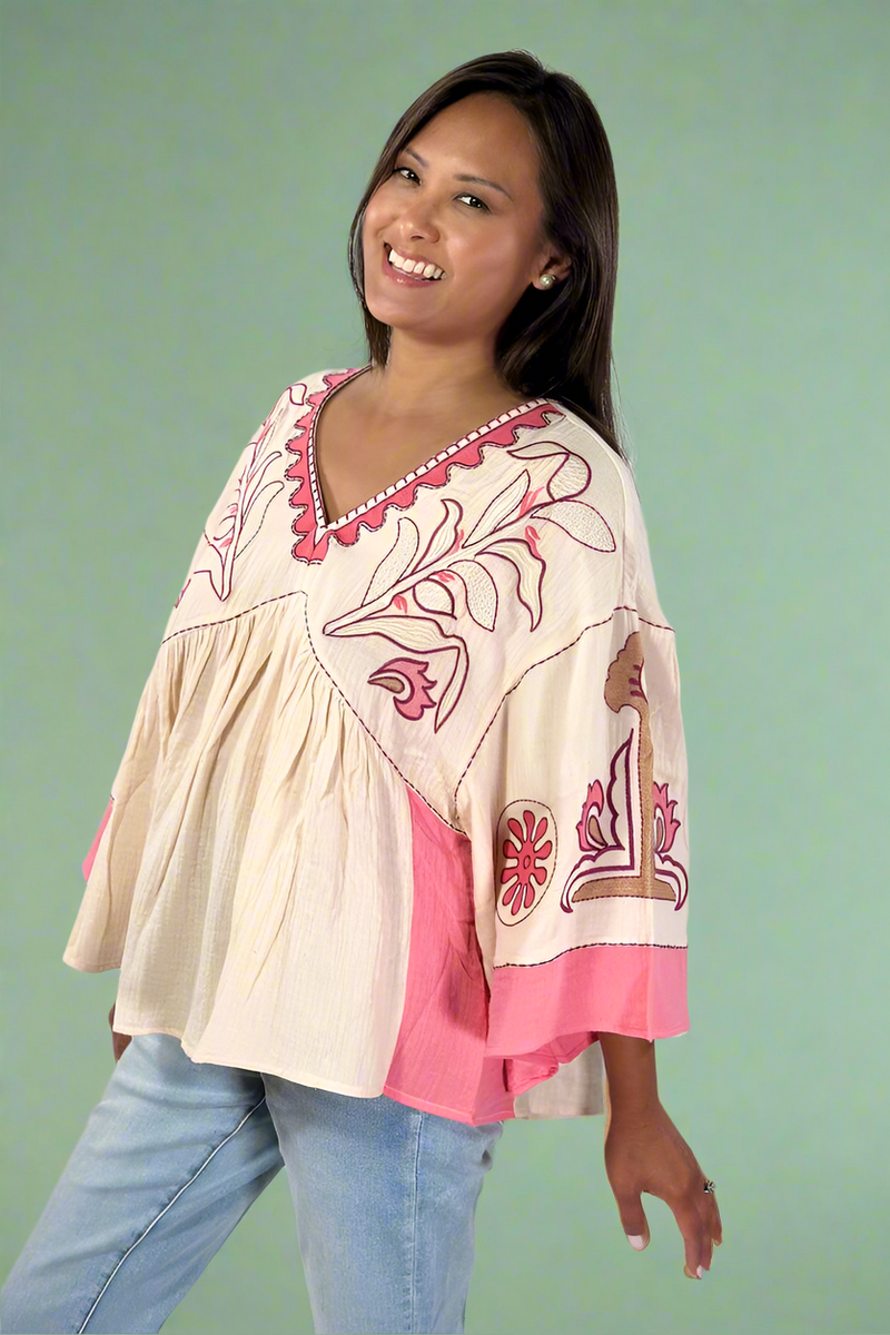 Embroidered Gauzy Top - Peach Pink