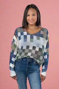 Round Knit Long Sleeve - Olive Checks