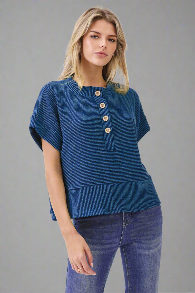 Ribbed Button Henley Knit Top - Navy